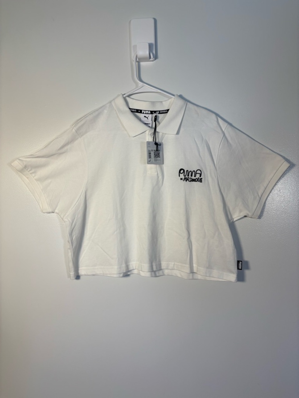 Puma White Mr. Doodle Cropped Polo Top with Black Script Logo